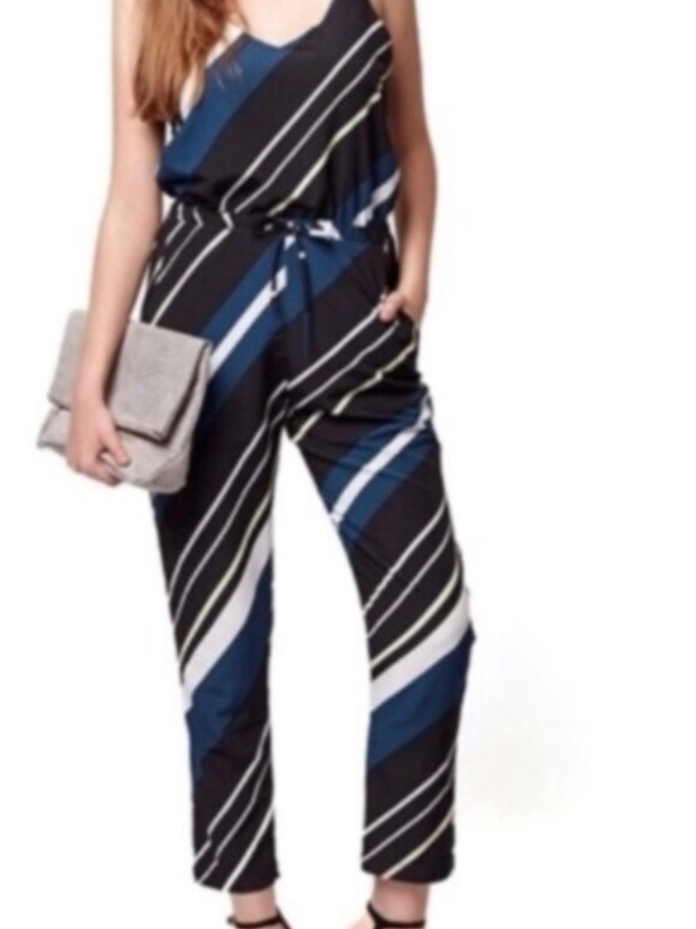 Topshop Black & Blue Striped Sleeveless Jumpsuit